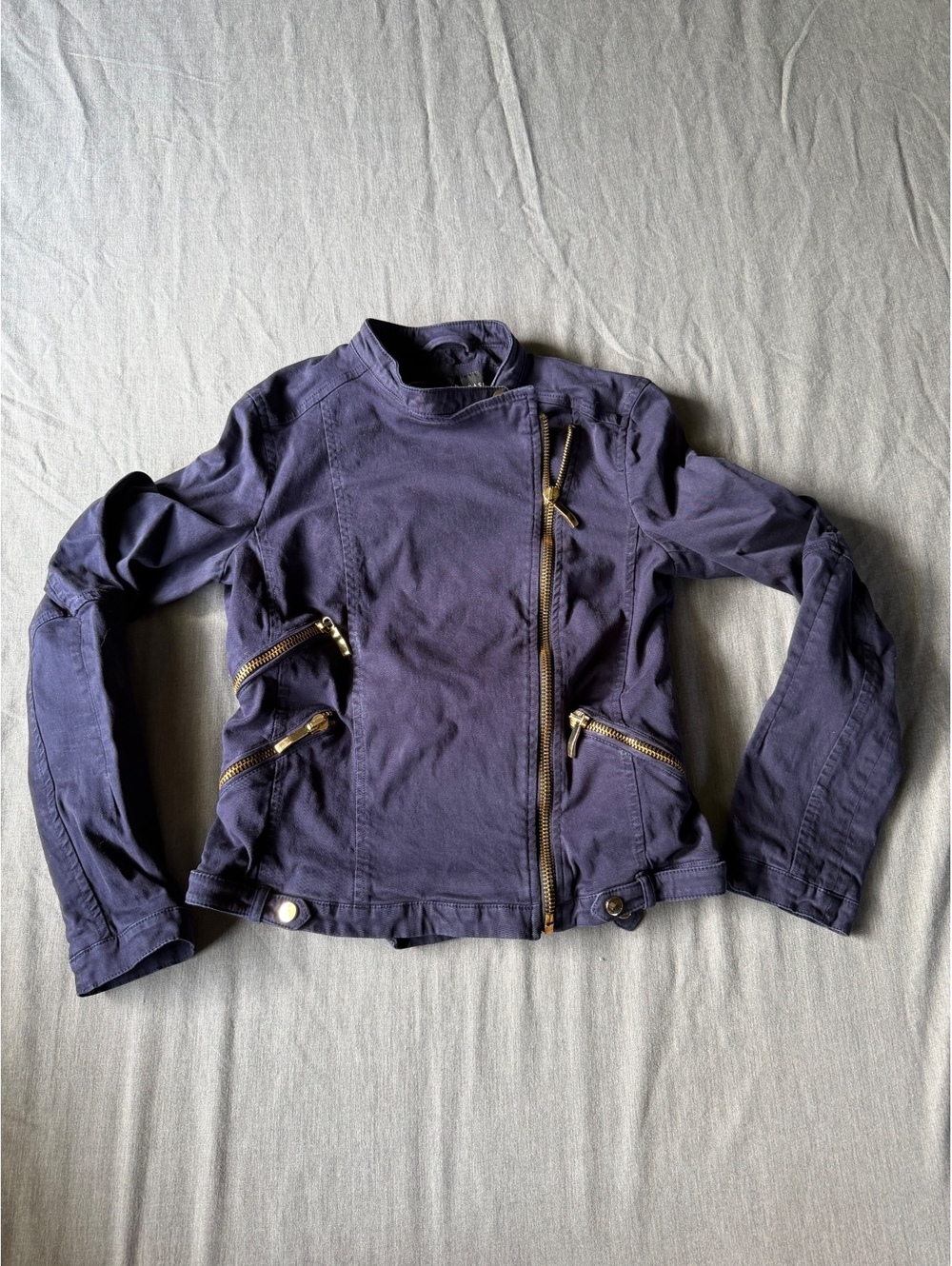 Zara Basic Asymmetric Cotton Moto Jacket Navy Blue Gold Size Medium Zippers